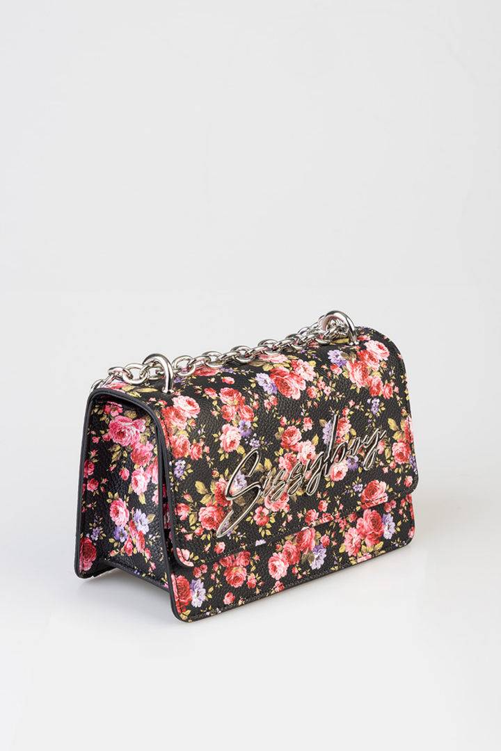 Chain Strap Floral Crossbody Bag - Black