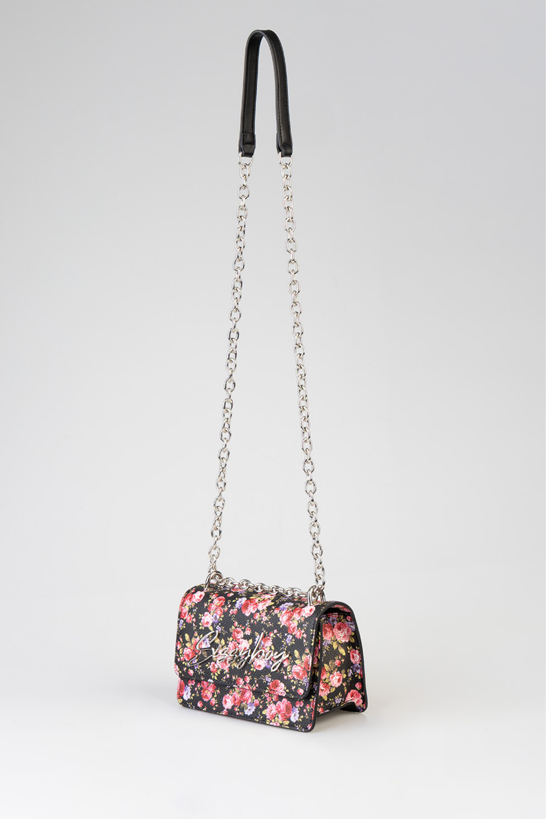 Chain Strap Floral Crossbody Bag - Black