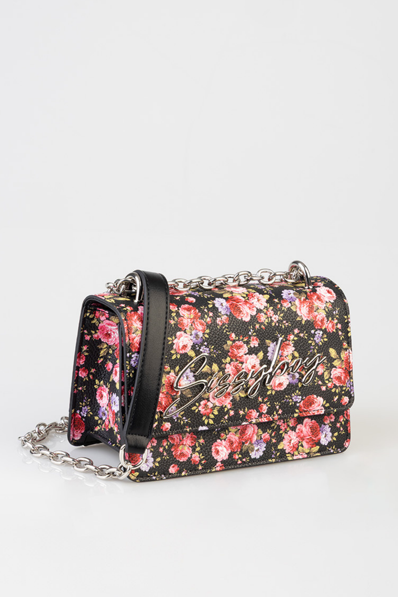 Chain Strap Floral Crossbody Bag - Black