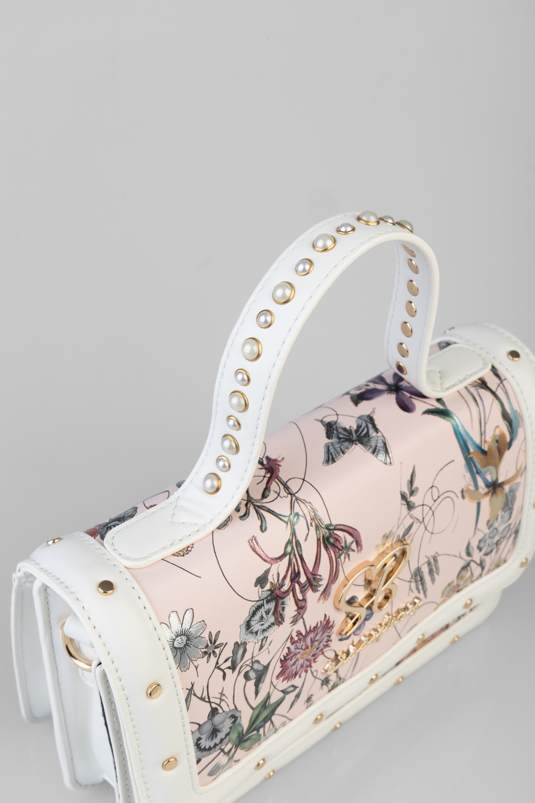 Flower Boom Pearl Handle Flower Print Bag - Dusty Pink