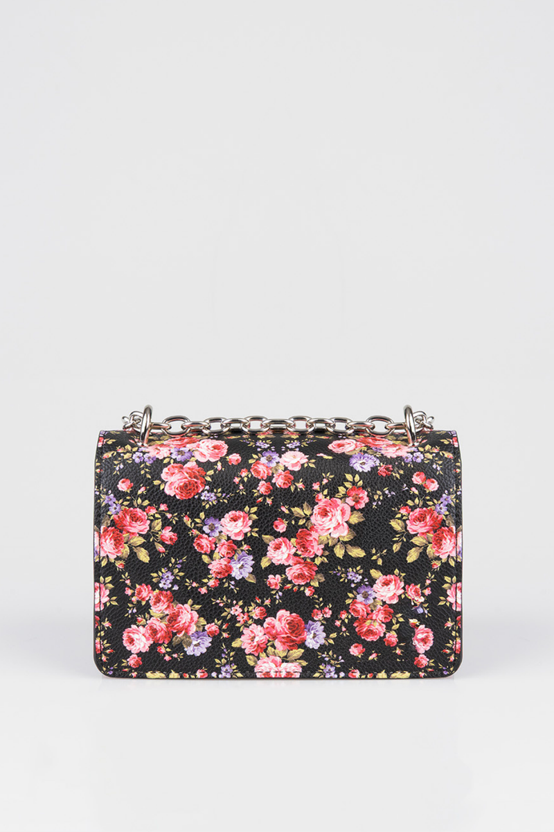 Chain Strap Floral Crossbody Bag - Black