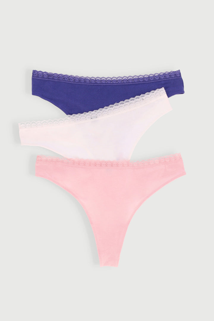3 Pack Cotton Thong Panties - Powder Pink/Cream Melange/Navy