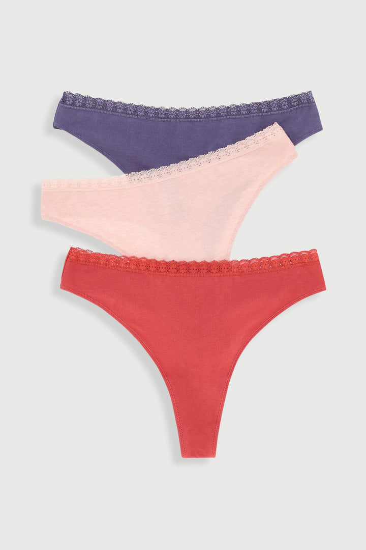 3 Pack Thong Panties - Cinnebar/Oatmeal Melange/Folkstone
