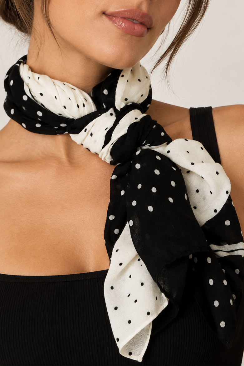 Polka Dot Border Print Light Weight Scarf - White/Black