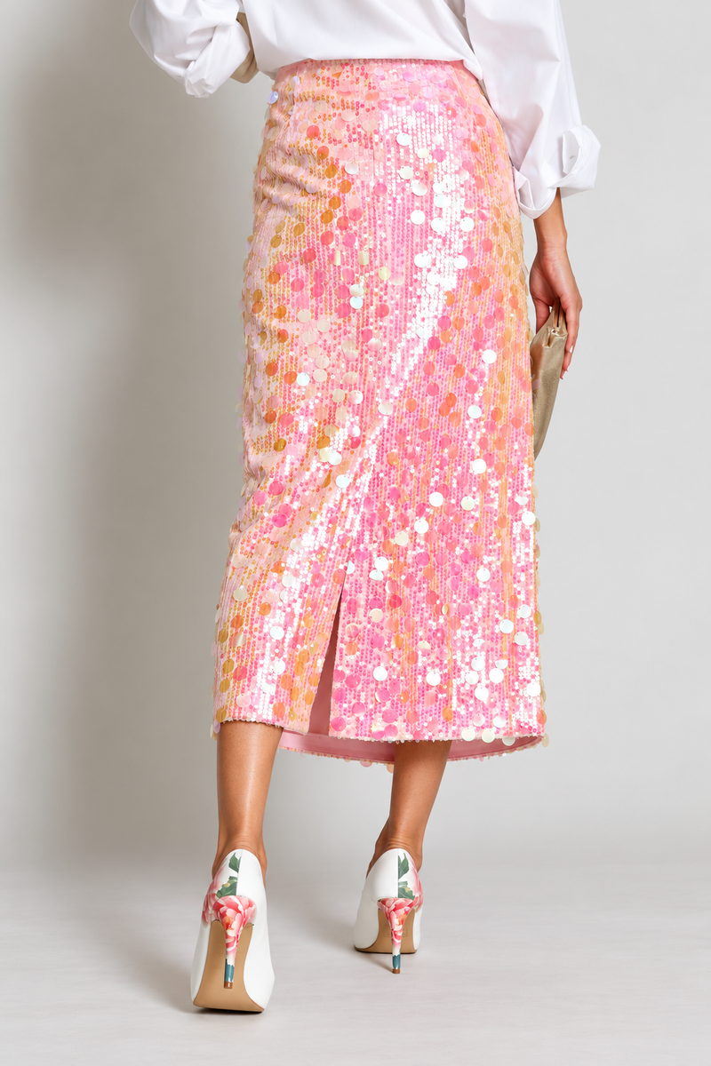 High Waisted Sequin Maxi Skirt With Back Slit - Pink
