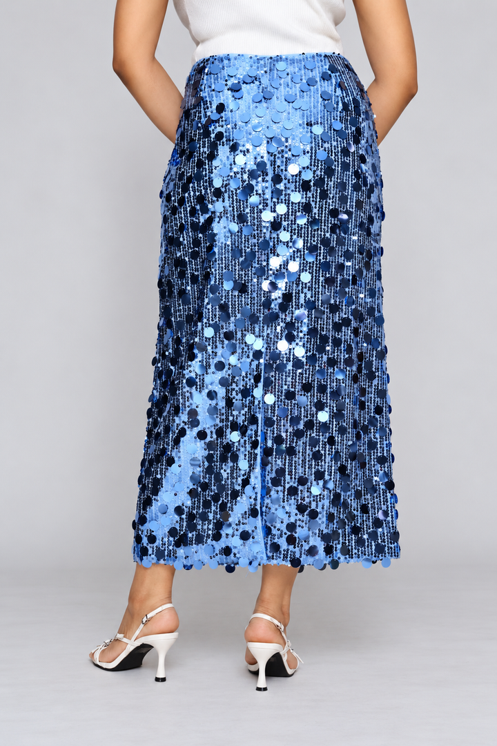 High Waisted Sequin Maxi Skirt With Back Slit - Blue