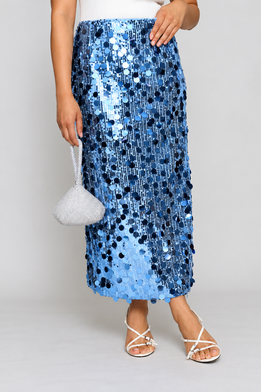 High Waisted Sequin Maxi Skirt With Back Slit - Blue