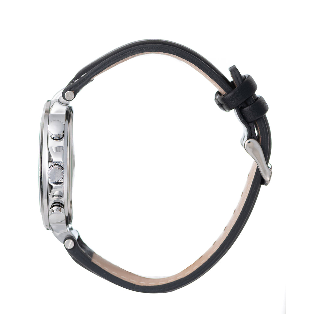 Gents Silver Case Watch With Black Dial & Leather Band