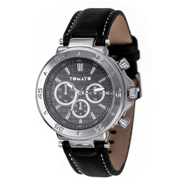 Gents Silver Case Watch With Black Dial & Leather Band