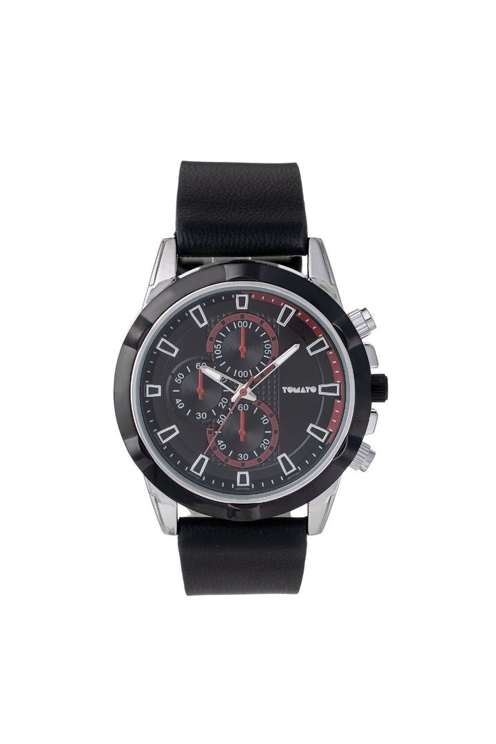 Gunmetal Case Watch Black & Red Dial With Black Leather Band - Gunmetal