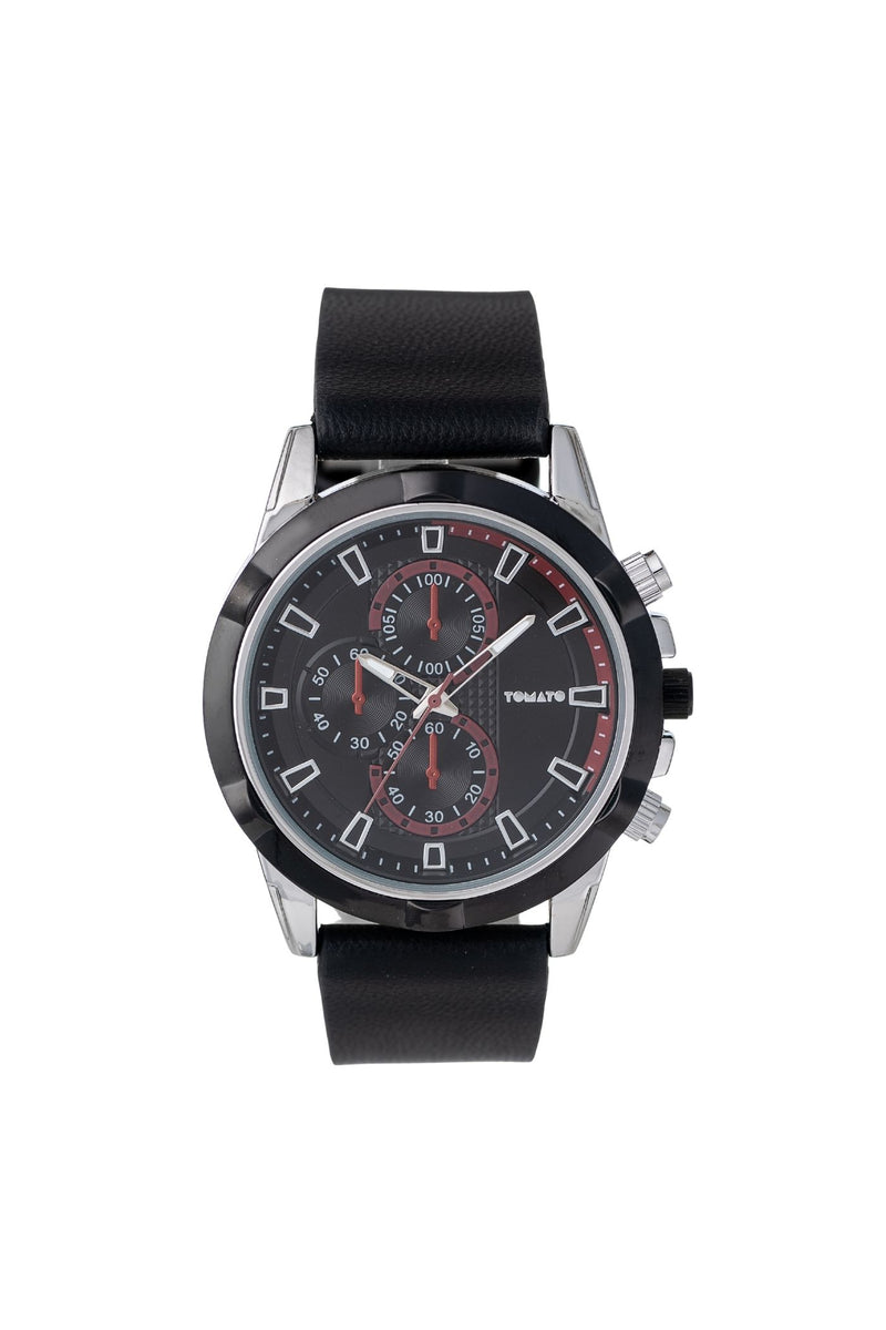 Gunmetal Case Watch Black & Red Dial With Black Leather Band - Gunmetal