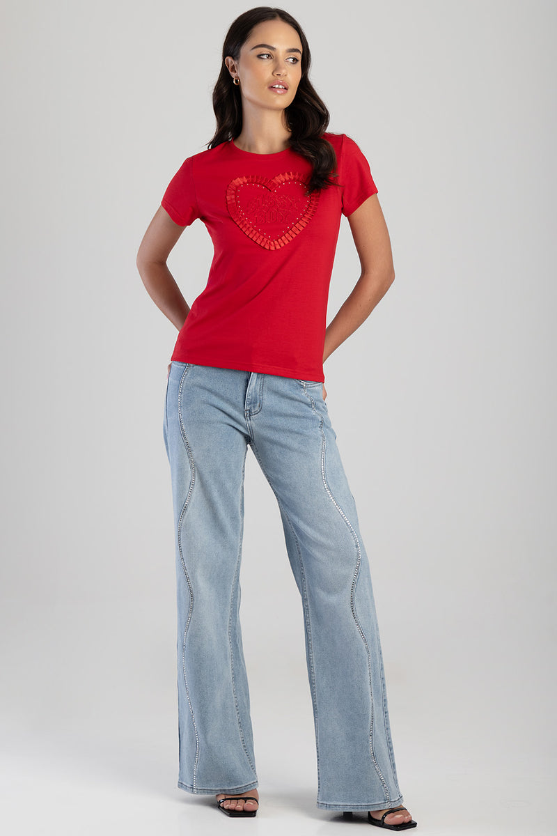 Electric Heart Ribbon Heart Applique T-Shirt - Red