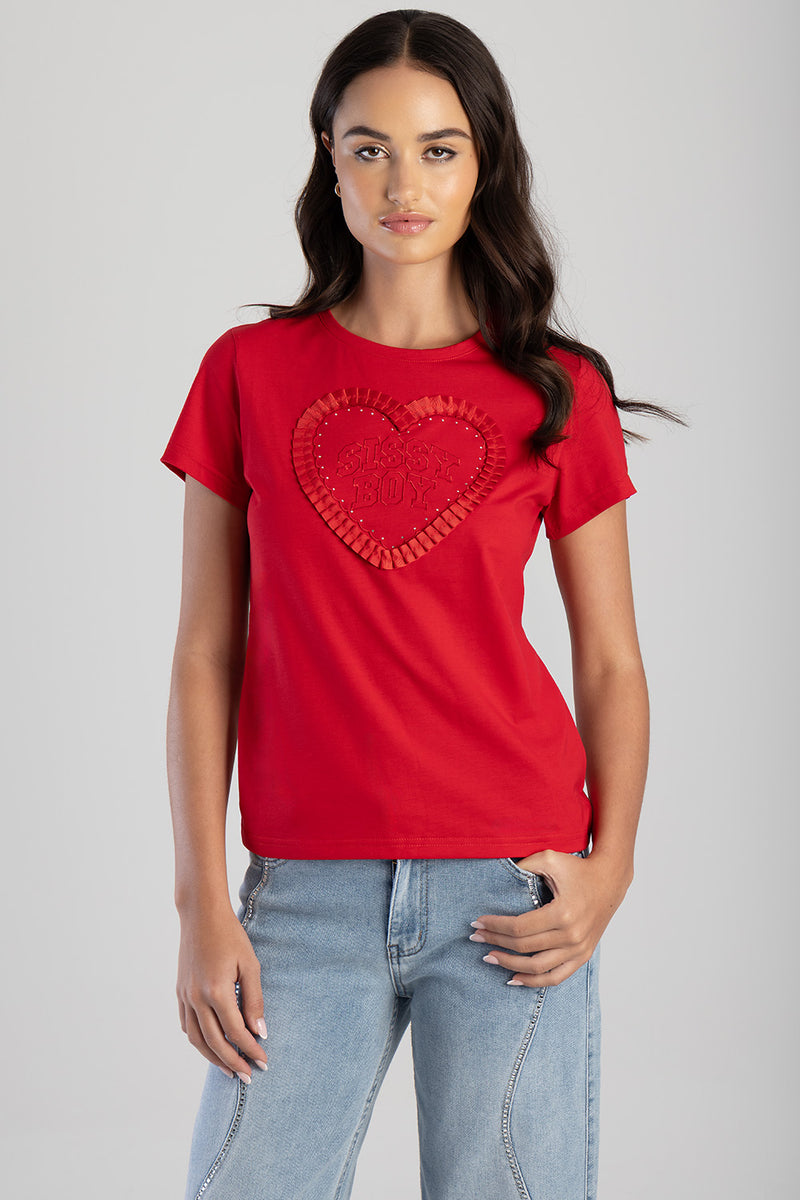 Electric Heart Ribbon Heart Applique T-Shirt - Red