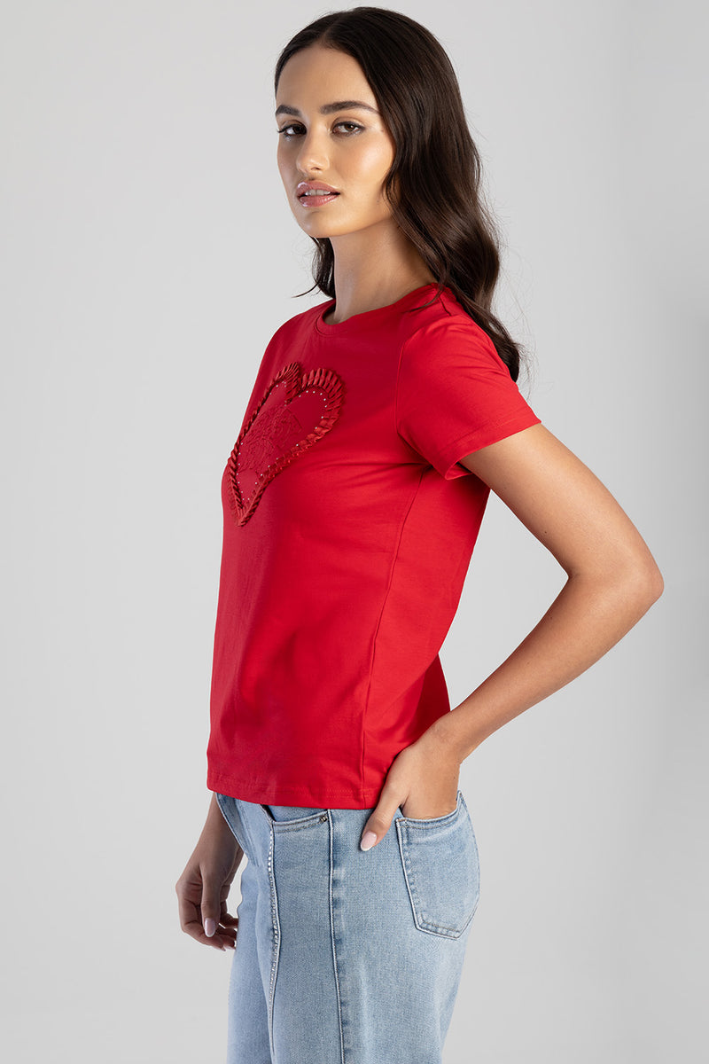 Electric Heart Ribbon Heart Applique T-Shirt - Red