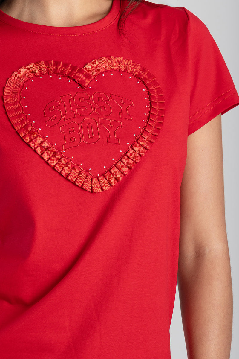 Electric Heart Ribbon Heart Applique T-Shirt - Red