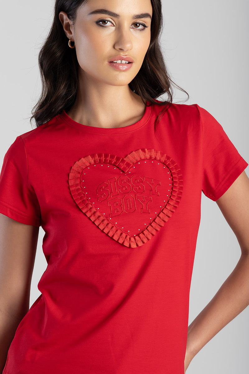 Electric Heart Ribbon Heart Applique T-Shirt - Red