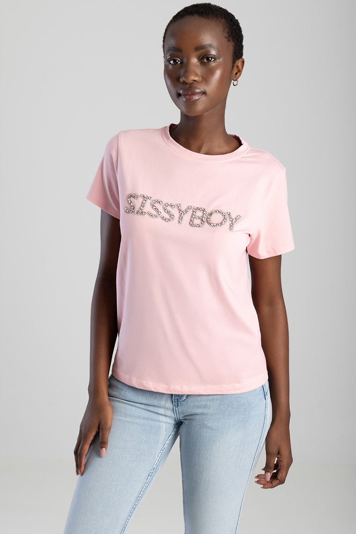Regular T-Shirt With Diamante Transfer - Pink