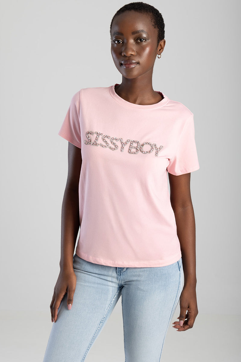 Regular T-Shirt With Diamante Transfer - Pink