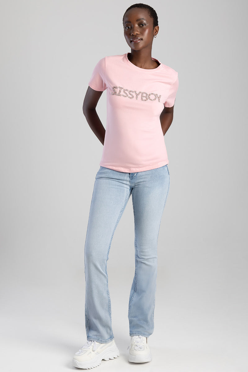 Regular T-Shirt With Diamante Transfer - Pink