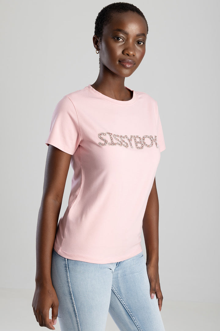 Regular T-Shirt With Diamante Transfer - Pink