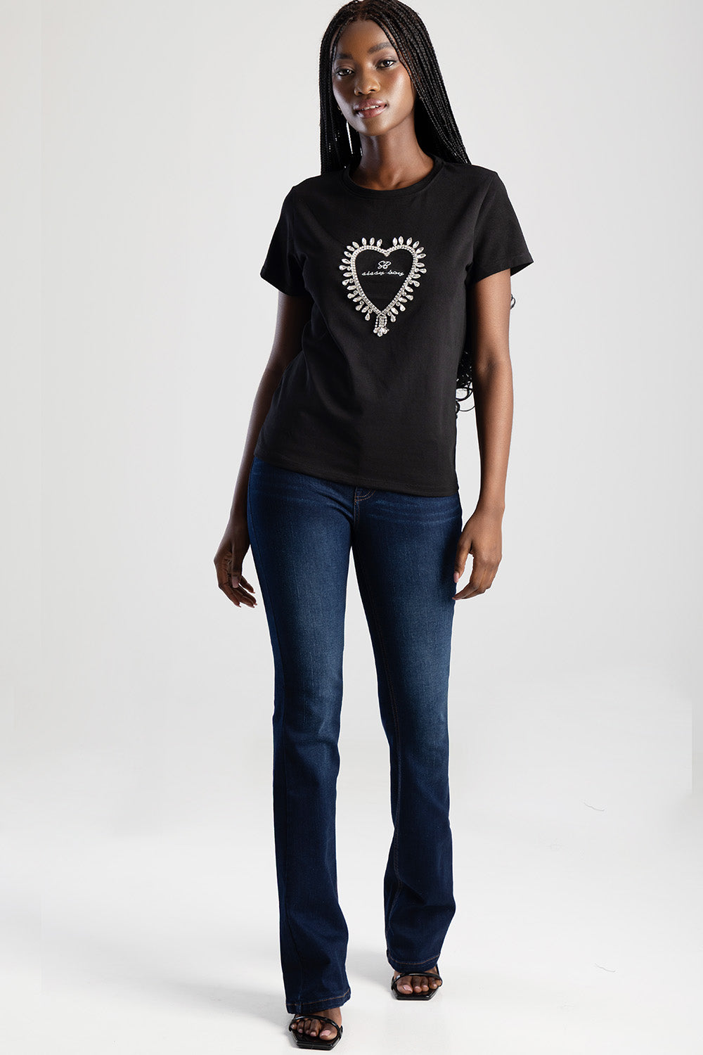 Transfer Heart And Embroidered Regular T-Shirt - Black