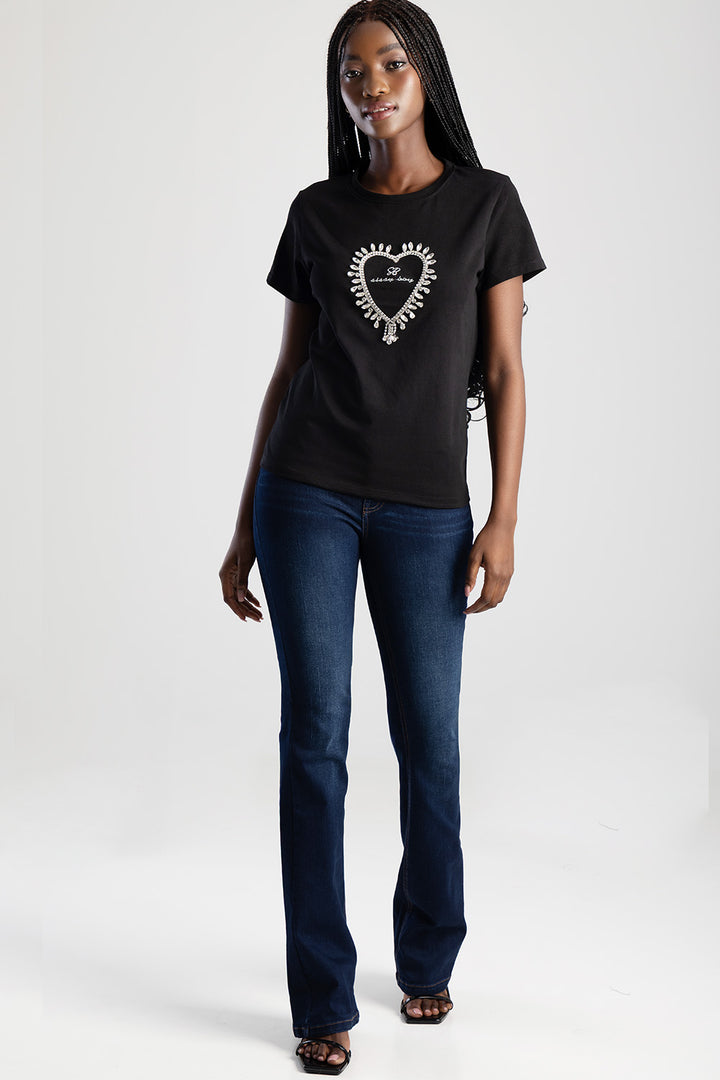 Transfer Heart And Embroidered Regular T-Shirt - Black