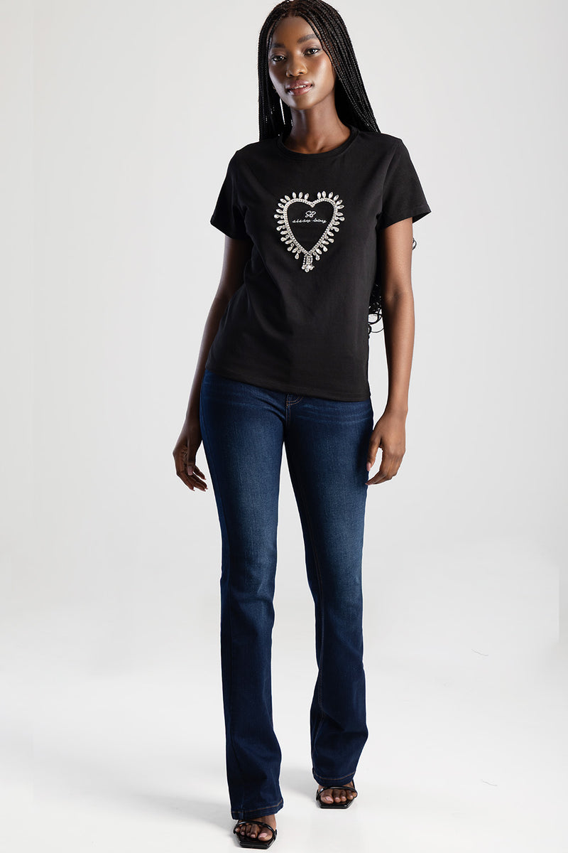 Regular T-Shirt With Transfer Heart And Embroidered Logo - Black