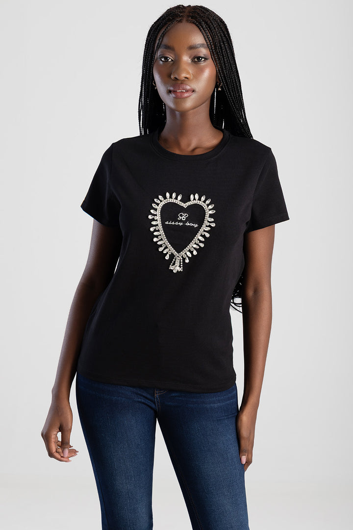 Transfer Heart And Embroidered Regular T-Shirt - Black