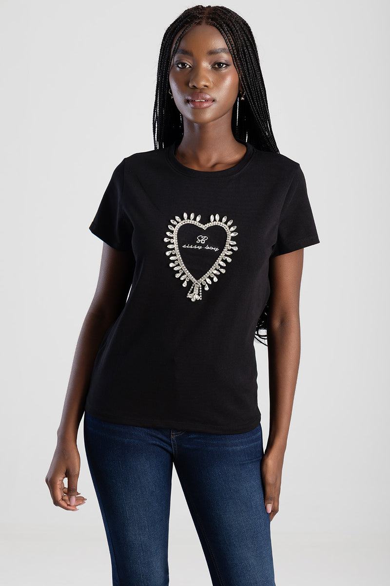 Regular T-Shirt With Transfer Heart And Embroidered Logo - Black