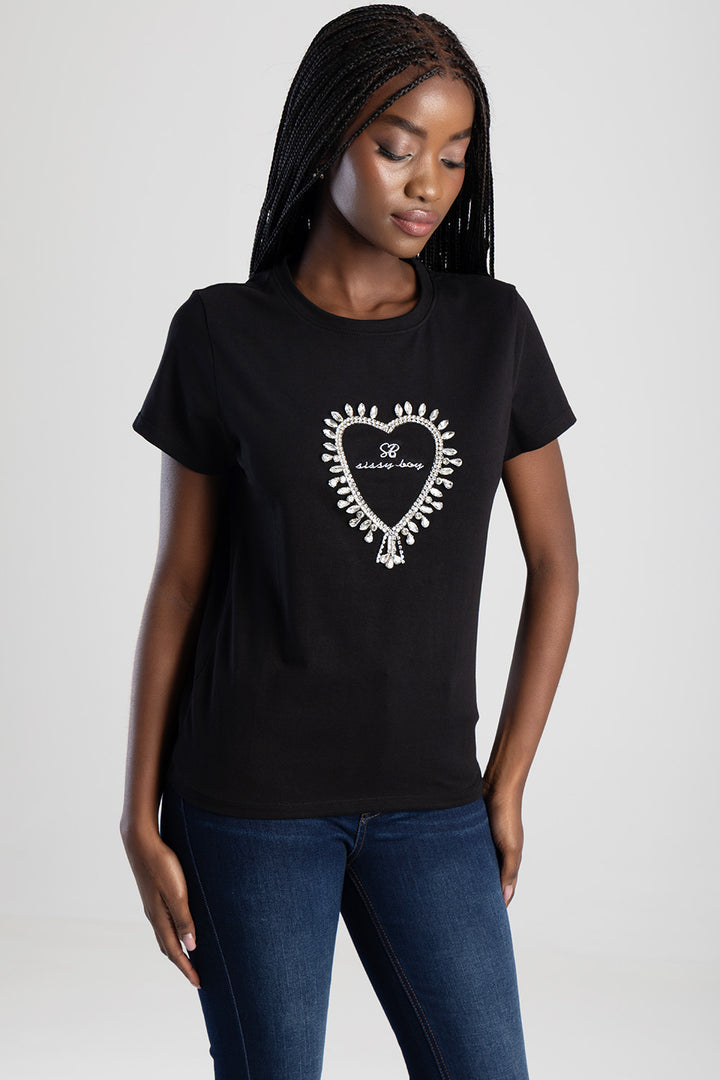 Transfer Heart And Embroidered Regular T-Shirt - Black