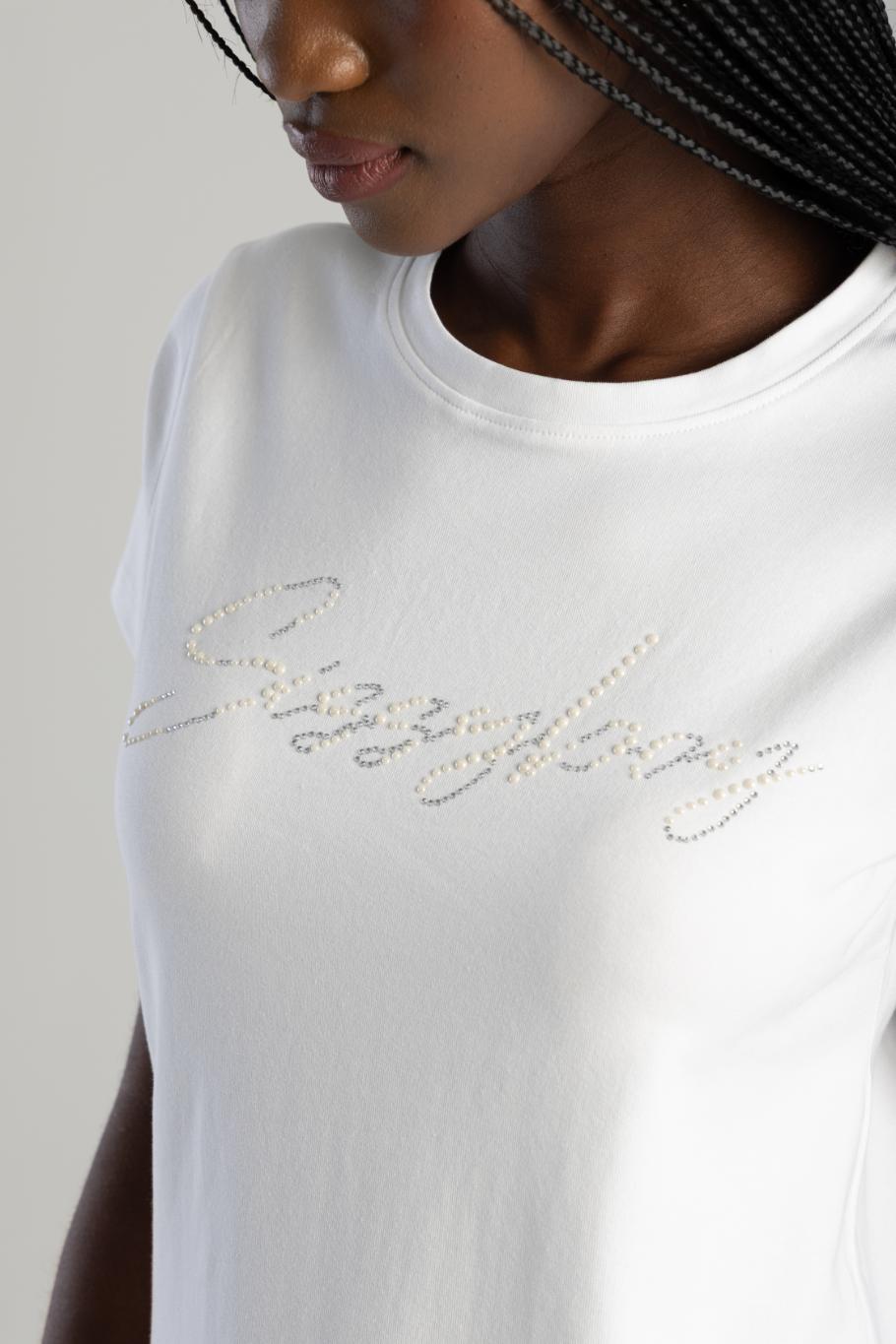 Pearl & Diamante Logo Transfer Tee - White