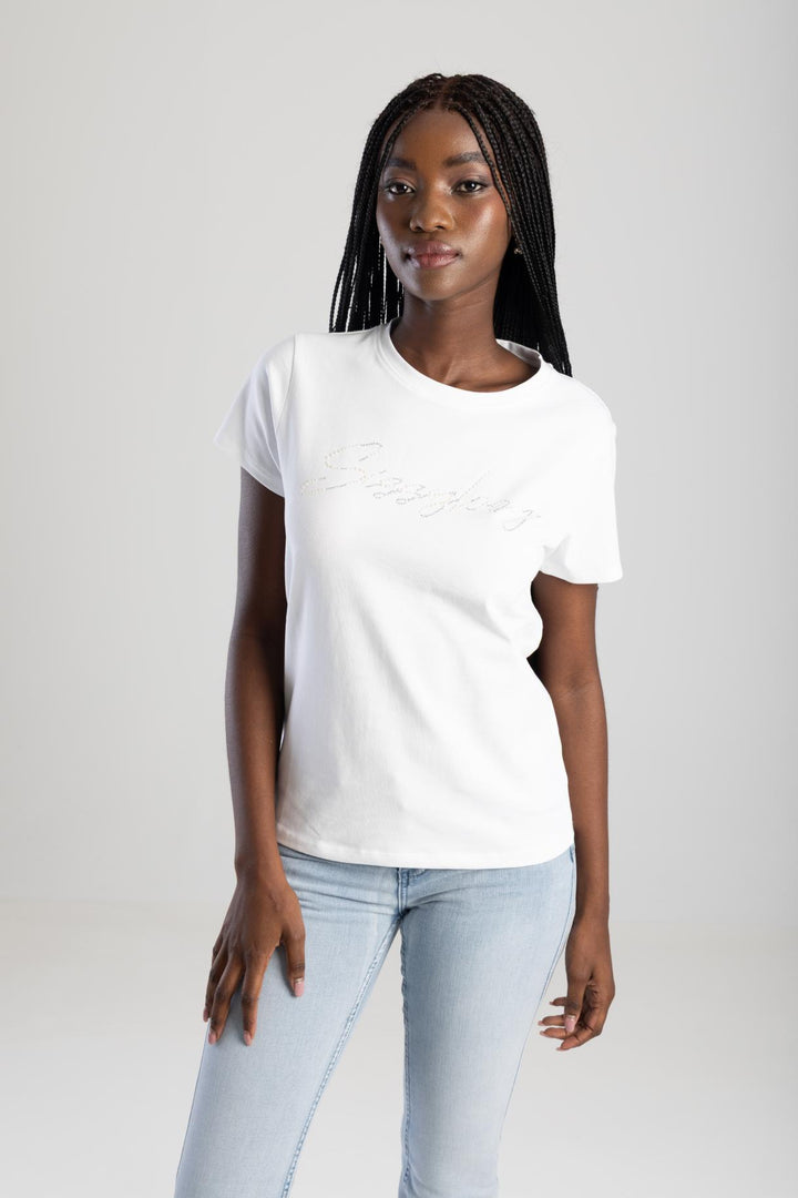 Pearl & Diamante Logo Transfer Tee - White