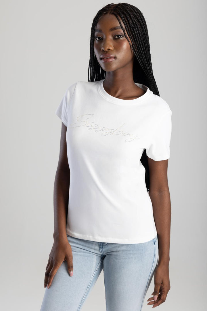 Pearl & Diamante Logo Transfer Tee - White