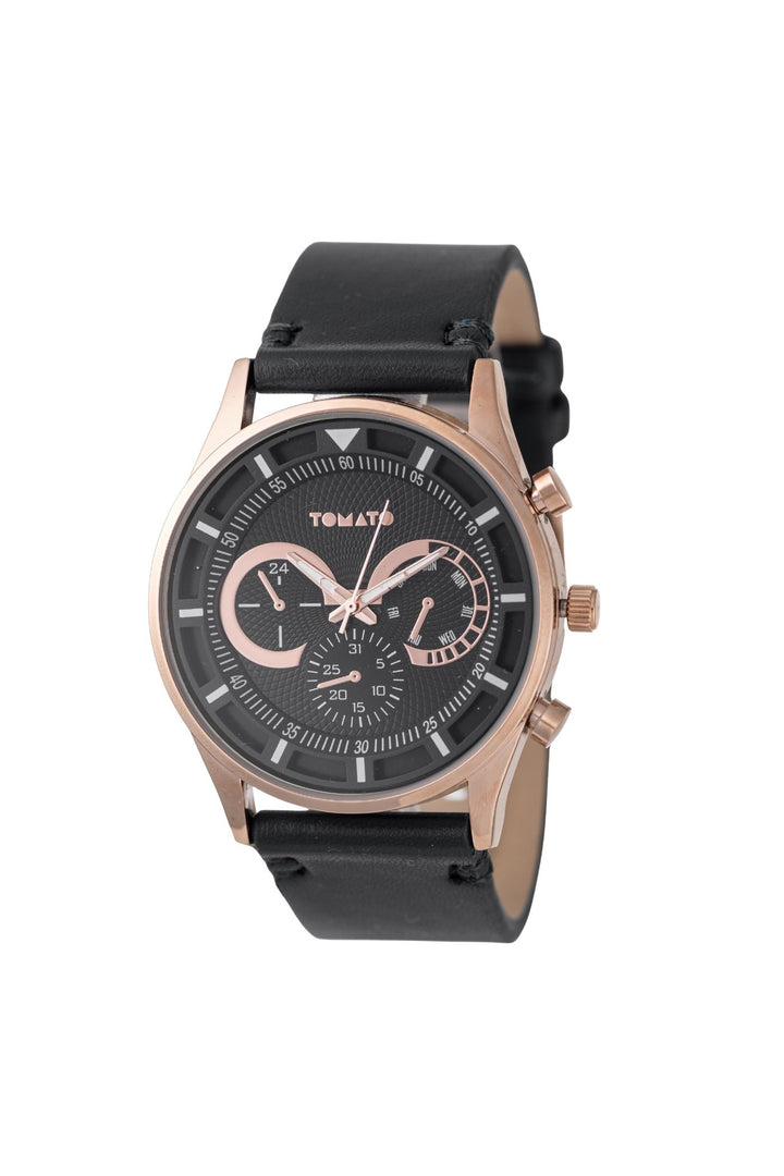 42mm Rose Gold Case Watch Black Dial With Black Band - Gold