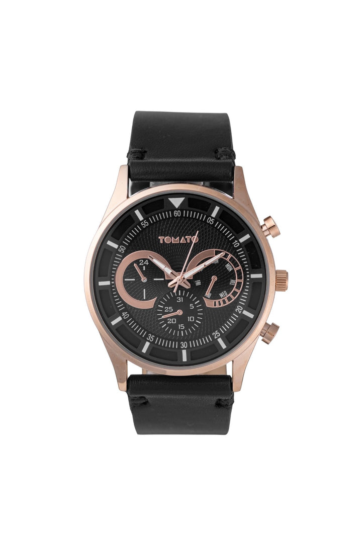 42mm Rose Gold Case Watch Black Dial With Black Band - Gold
