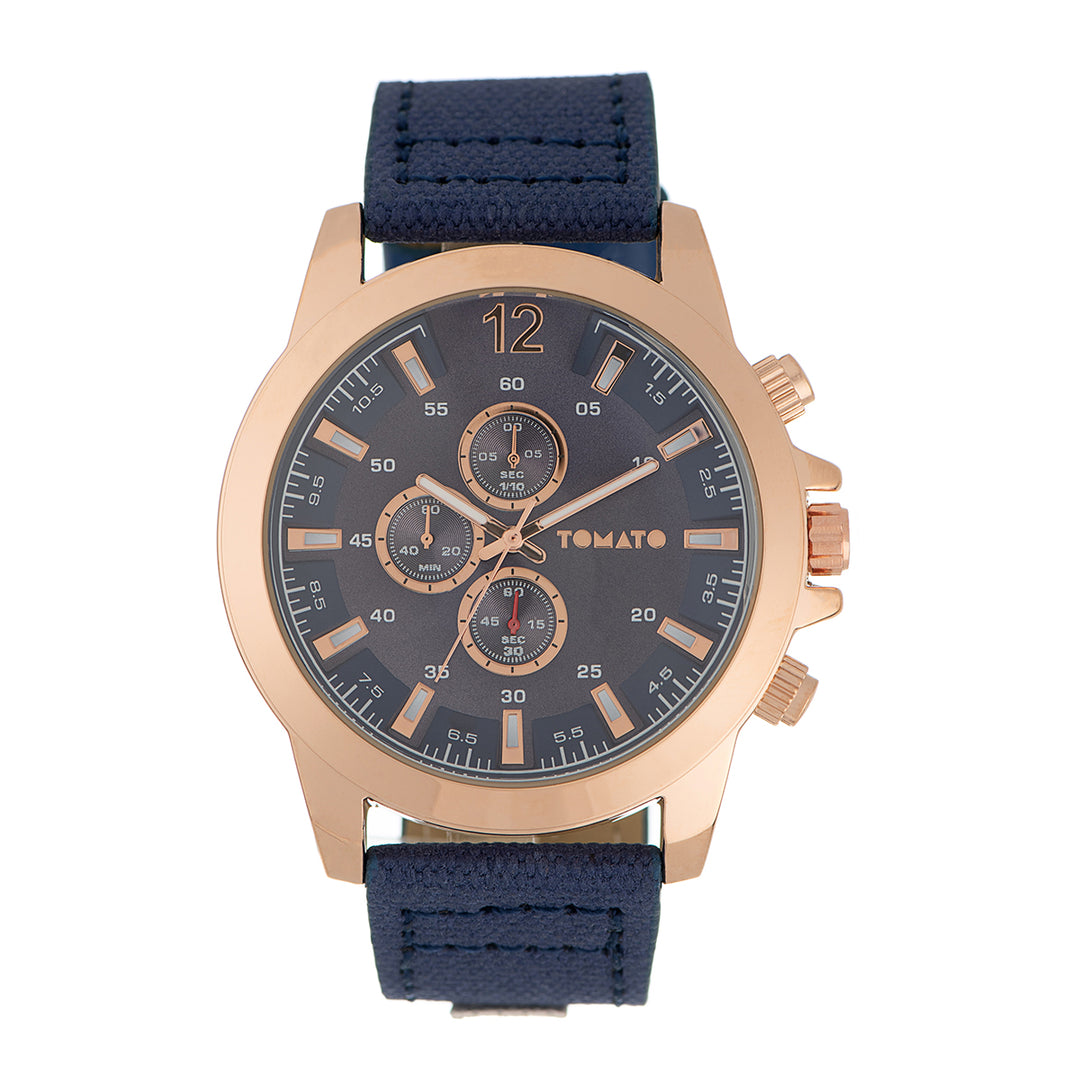 45MM Case Blue Dial & Strap Watch - Rose Gold