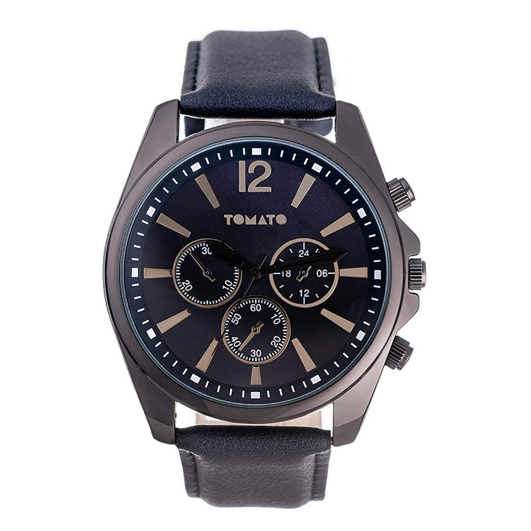 Gents 45mm Gunmetal Case Watch With Navy Blue Dial & Leather Strap