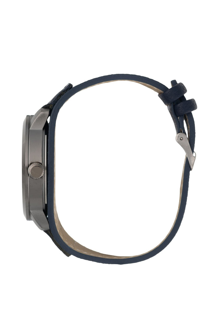 Gunmetal Round Case & Navy Leather Strap Analogue Watch