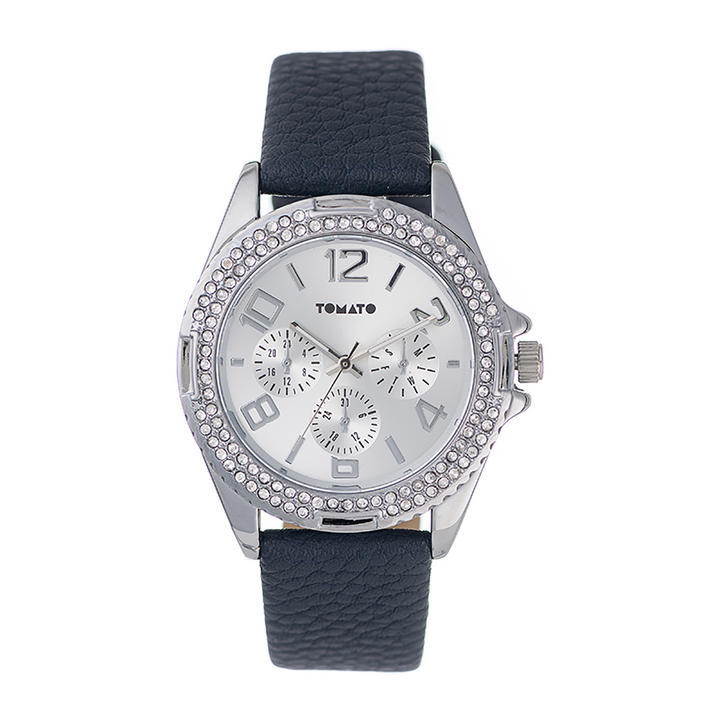 Ladies 40mm Silver Case & Dial Watch With Navy Band