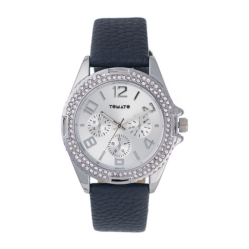 Ladies 40mm Silver Case & Dial Watch With Navy Band