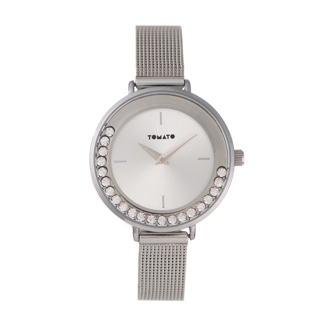 Ladies 33mm Silver Case & Dial Watch With Mesh Strap