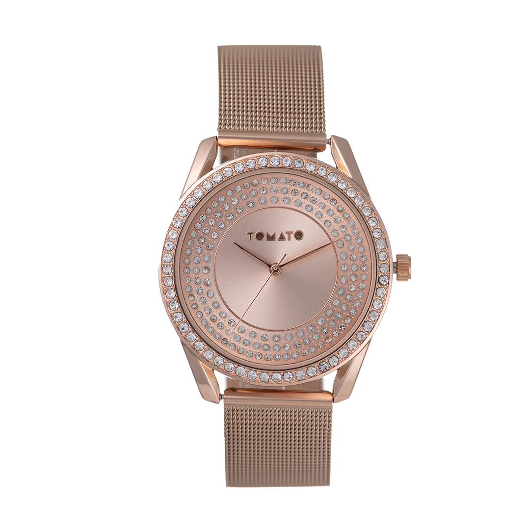 Ladies Rose Gold Mesh Band Watch & Necklace Set