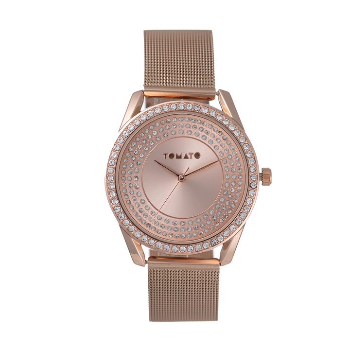 Ladies Rose Gold Mesh Band Watch & Necklace Set