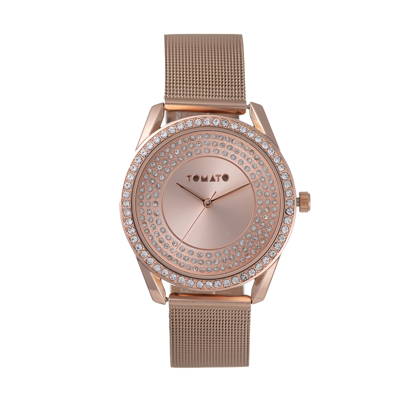 Ladies Rose Gold Mesh Band Watch & Necklace Set
