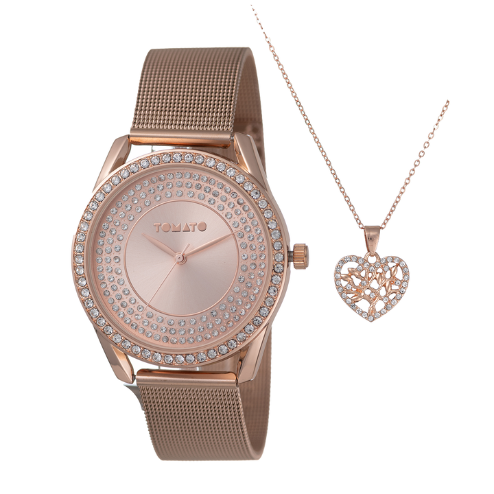 Ladies Rose Gold Mesh Band Watch & Necklace Set