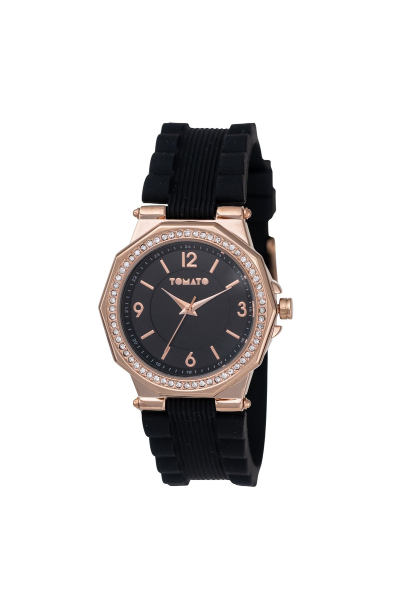 36mm Stone Rose Gold Case & Black Dial With Black Strap - Rose Gold