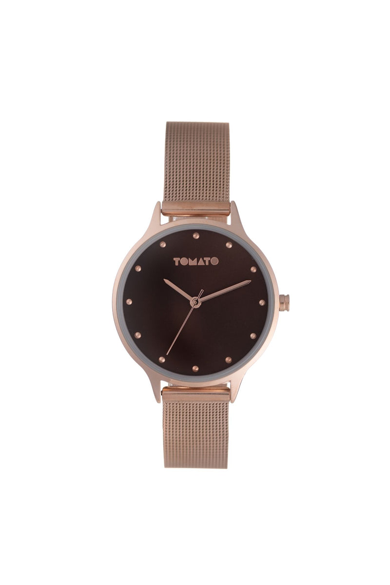 35mm Rose Gold Case & Brown Dial Watch With Mesh Band - Rose Gold