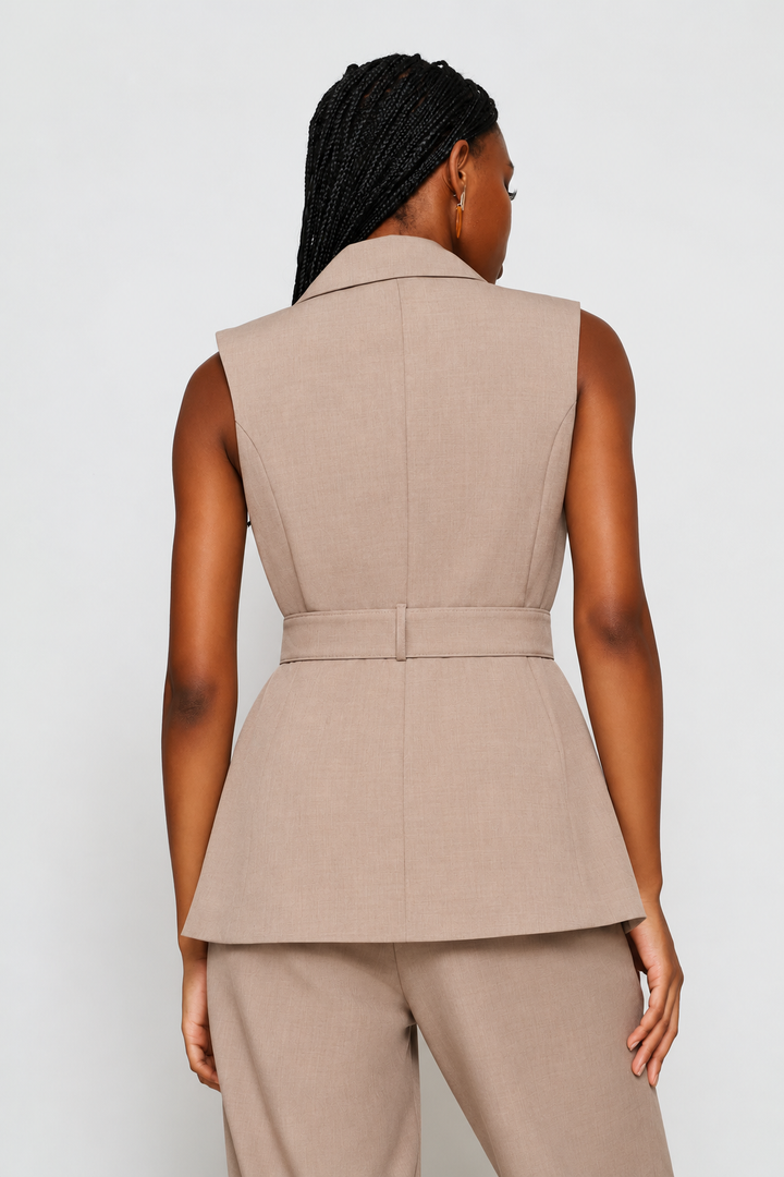 Belted Sleeveless Melange Blazer - Taupe