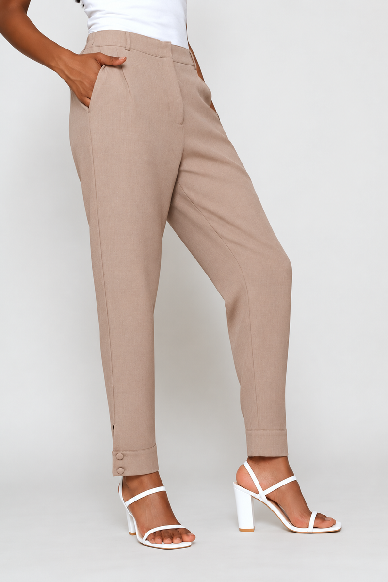 Buckle Hem Melange Tapered Pant - Taupe