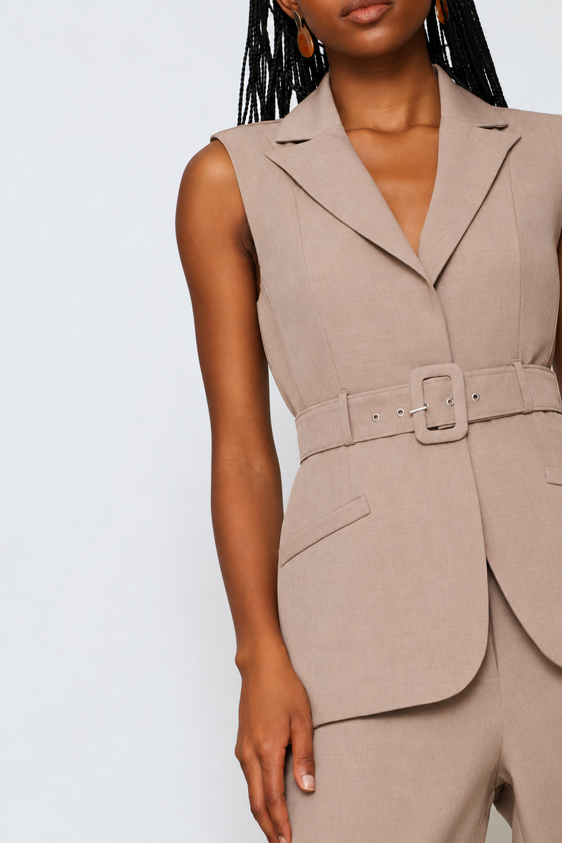 Belted Sleeveless Melange Blazer - Taupe